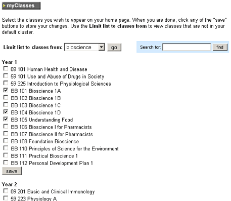 myClasses screen