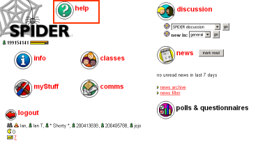 SPIDER home page showing help link