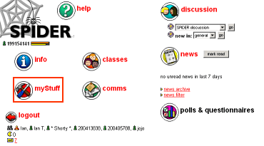 SPIDER home page showing myStuff link